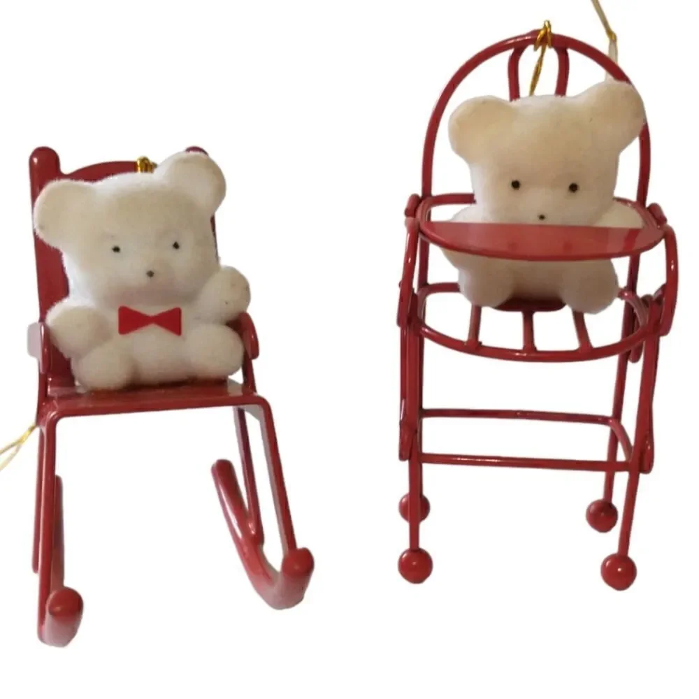Avon Flocked Teddy Bear Ornament‎ Lot x 2 Red Metal Rocking Chair High Chair.